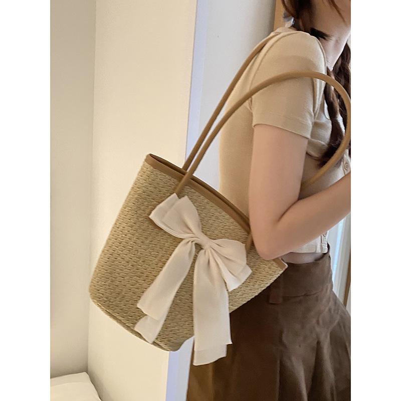 Straw Woven Bag Women Snewest Bow All-Match Large-Capacity Woven Handbag High-Quality Texture Shoulder Bag