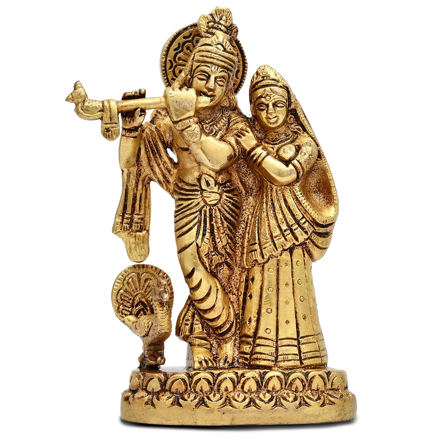 100% Pure Brass Radha Krishna Murti, Statue Antique Finish Gold - 6 Inches