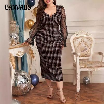 Elegant Long Dress Plus Size Cross Border Women's Sexy Lace Splicing Long Sleeve Dresses
