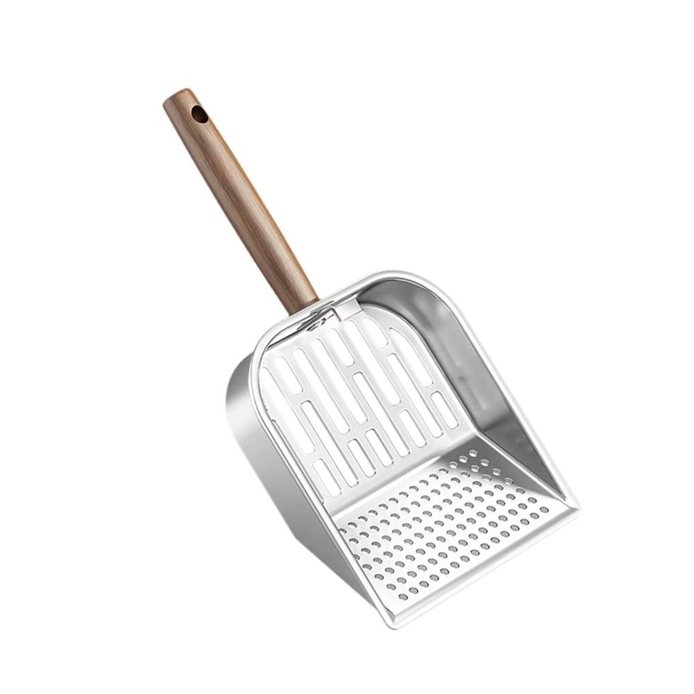 Stainless Steel Cat Litter Scoop Long Handled Hollow Design Pet Waste Picker Wooden Handle Easy Clean Litter Box Shovel