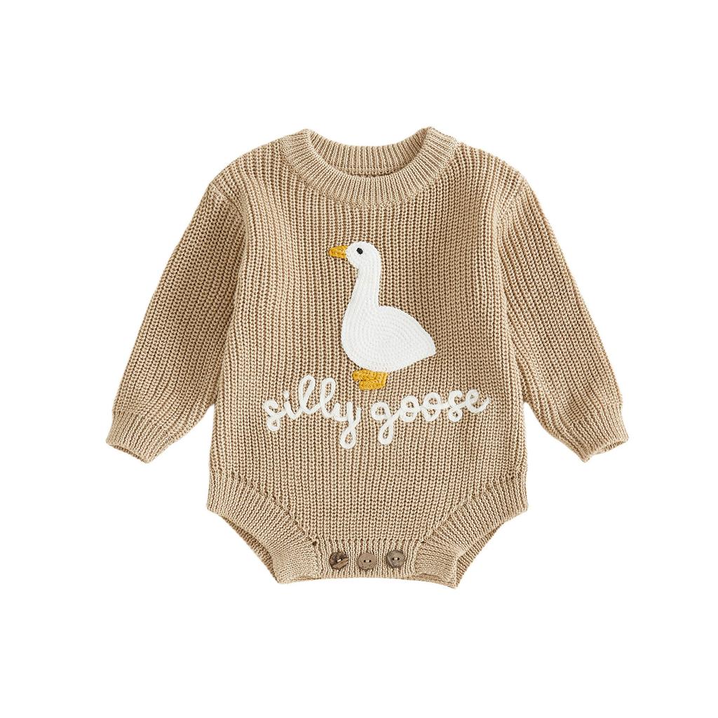 Infant Baby Knitted Rompers Cute Long Sleeve Round Neck White Goose Letter Embroidery Jumpsuit