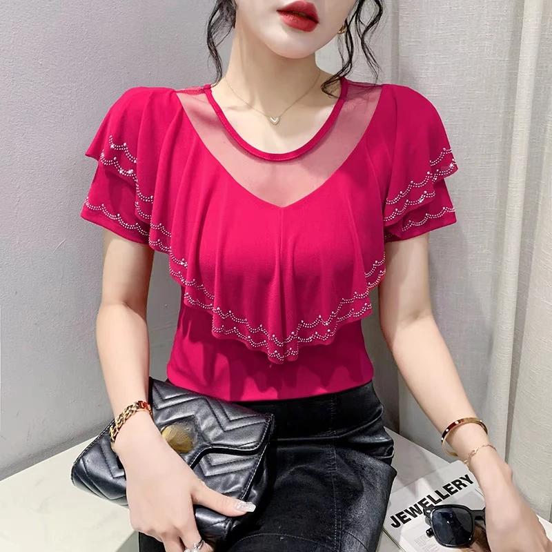 New Chic Summer Elegant Women T-Shirt Clothes Sexy Luxury Shiny Diamonds Tops Short Sleeved Ruffles Mesh Tees Blusas