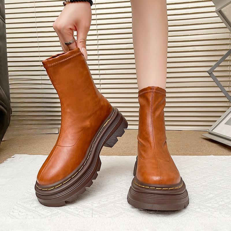 Fashion No Lining Car Stitch Block Heel Single Boots Women's Fashion Round Toe Platform Slip-Resistant Wear-Resistant Short Thigh Boots