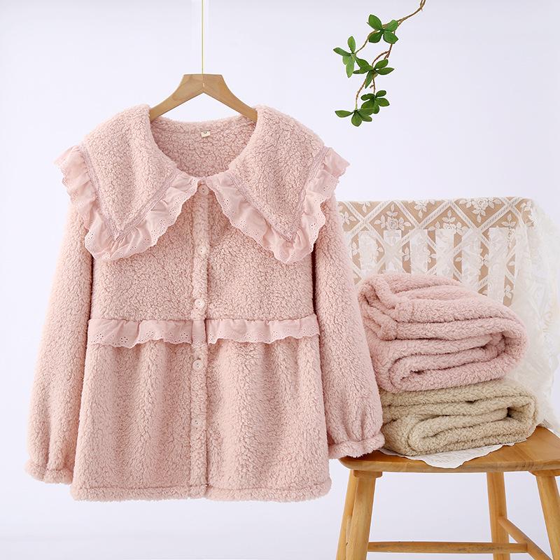 

Женский толстый фланелевый кардиган с лацканами и пижамный комплект - Зимняя теплая домашняя одежда XL