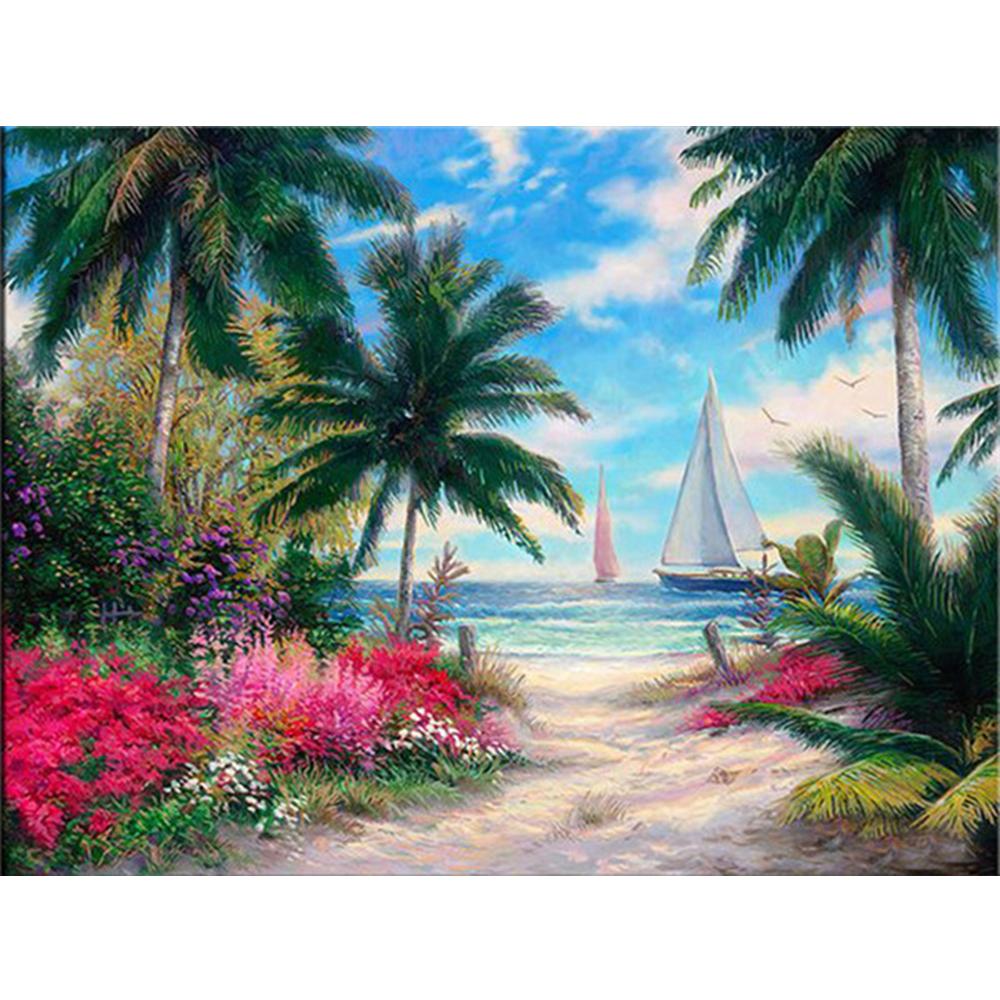 5D Full Square Diamond Painting Seaside Rhinestone Kit Diamond Embroidery Kit Landscape Coconut Tree Handicraft Wall Art