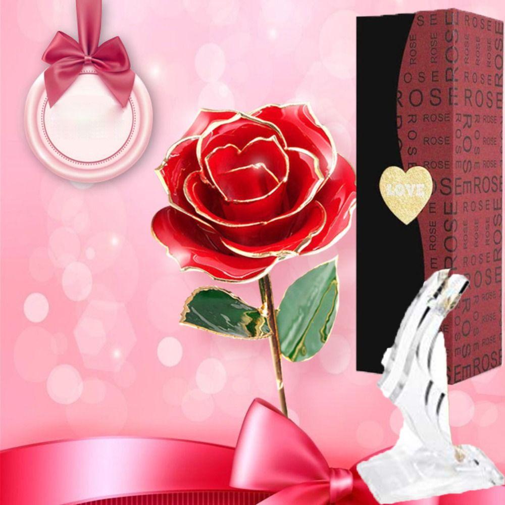 With Bracket Long Stem Gold Foil Trim Rose Flower 24K Gold Plated Rose Flower  Women Men