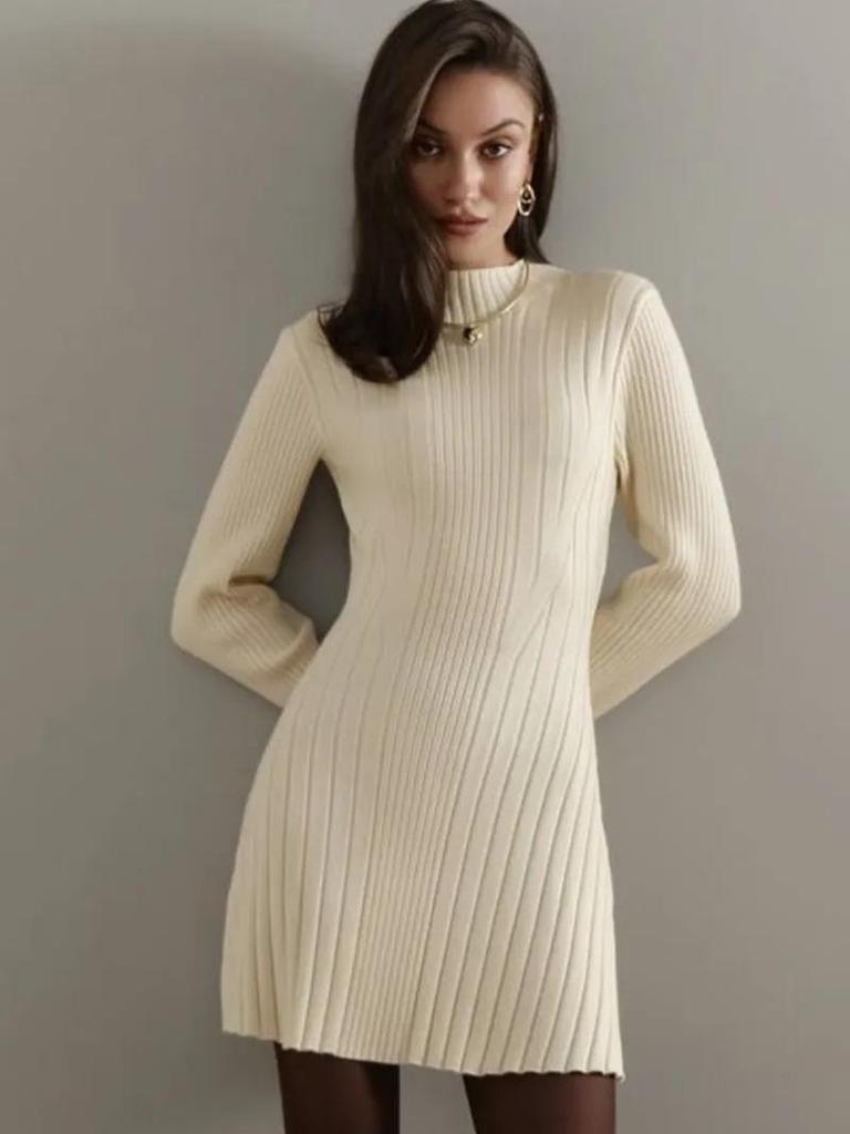 2025 European & American High Neck Long-Sleeve Bodycon Knit Dress - Solid Color