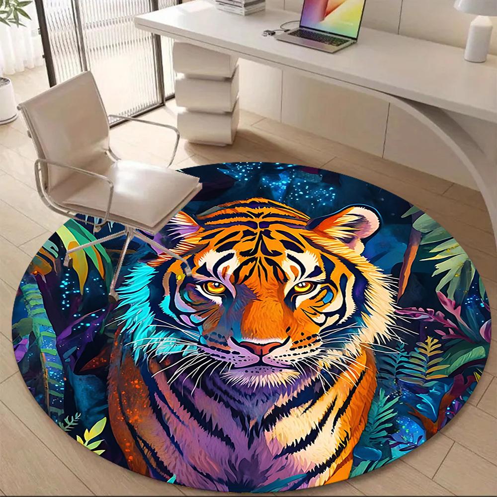 1PC Tiger Jungle Office Round Area Rug, Mat Suitable ForOffice, Under Office Chairs Bedroom Living Room Home Decor, Room Deco