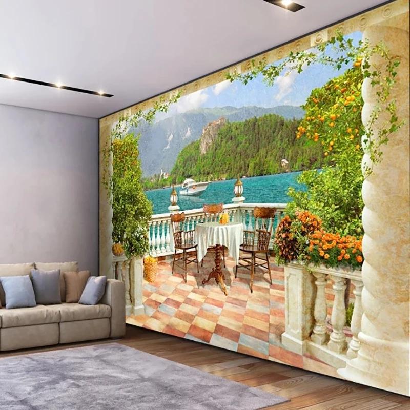 Fototapety 3D Filar Balkon Widok na Jezioro Murale Salon Sypialnia Restauracja Tło Tapeta Wystrój Domu