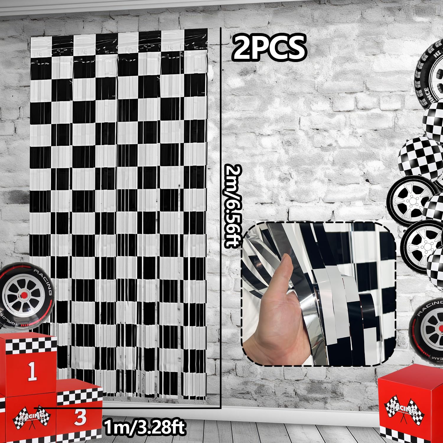 

Race Car Foil Fringe Curtains Backdrop Birthday Party Decorations,Black White Foil Fringe Curtain Photo Booth Props Racing Car 100x200 CM