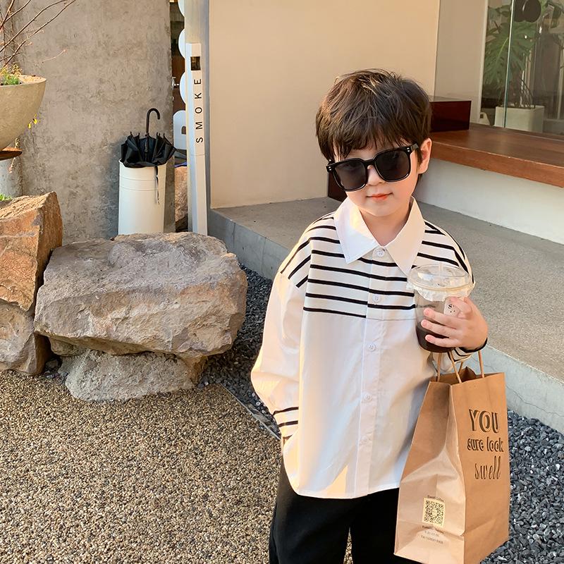 

Весна 2023 Полосатые рубашки для мальчиков и девочек — модные, универсальные, свободные топы с лацканами для малышей. 150 cm