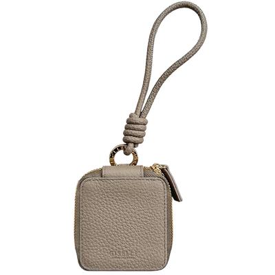 Genuine Leather Mini Pouch with Mirror, Key Case, Smart Key, Card Holder, Hand Strap, Carabiner, Round Zipper, for Men and Women (Grey Beige)