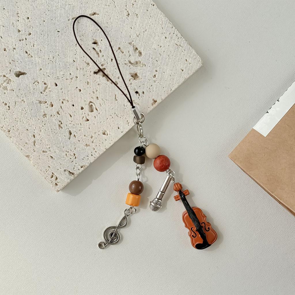 Stylish Violin Phone Charm Eye Catching Beaded Keyring Guitar Key Pendant Fashionable Alloy Key Chain for Bags Key