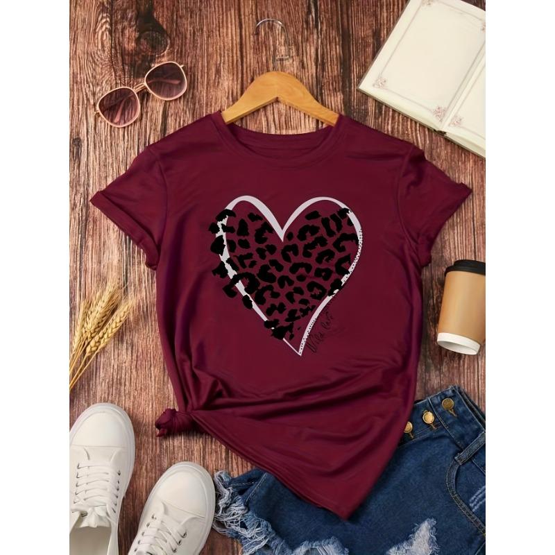 

Leopard Print Heart-shaped T-shirt, Casual Round Neck Short-sleeved Top 6XL