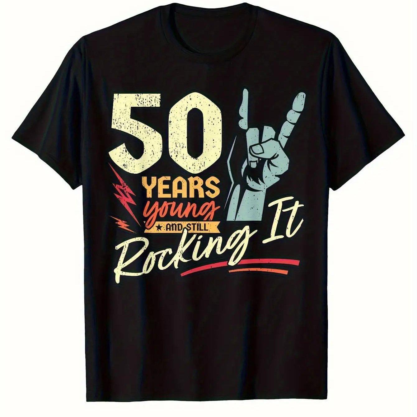 Mens 50th Birthday Rock n Roll TShirt 50 Years Young Retro Music Theme Rock Hand Gesture Microphone Graphic Vibrant Print S