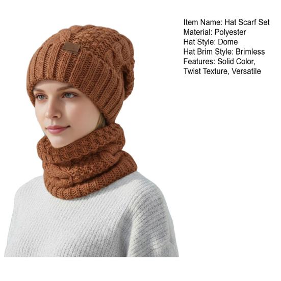 Conjunto de Chapéu e Cachecol Feminino 2 Peças/Conjunto Cor Sólida Textura Torcida Quente Térmico Tricotado Chapéu Cachecol de Pescoço Conjunto Acessórios de Inverno para Exterior
