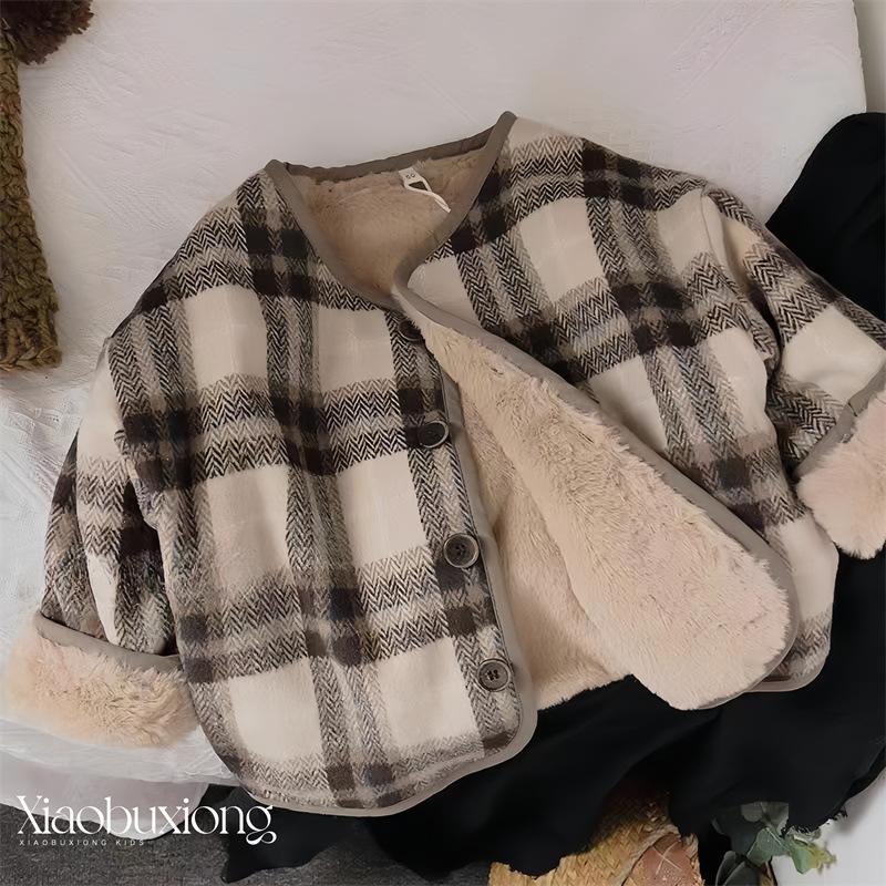 Kids Plaid Fleece Lined Wool Blend Coat Warm Casual Winter Outerwear
