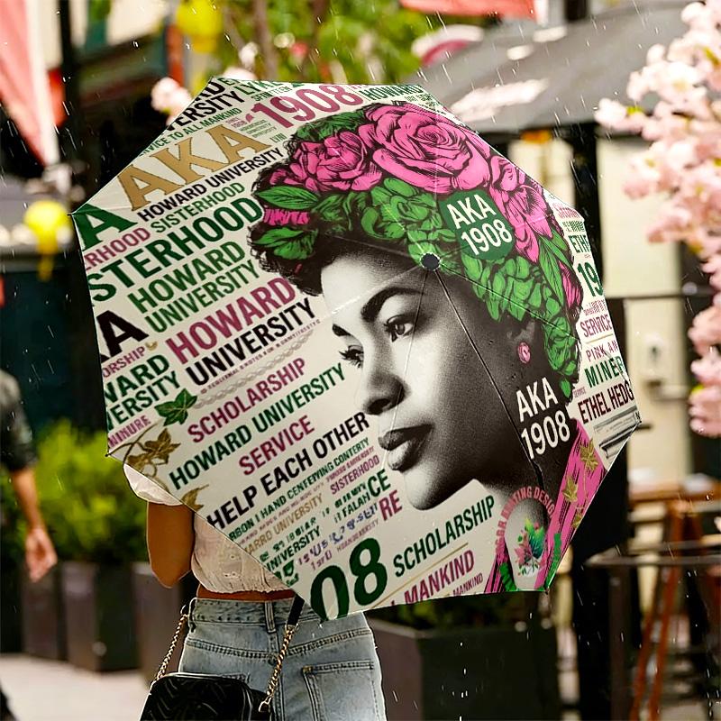 Alpha Kappa Alpha Print Umbrella Automatic Opening/ Closing - Portable Foldable Design - Daily use for Travel/Outdoor - Gift for Birthday