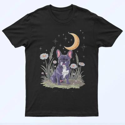 Vintage Mystical French Bulldog T-Shirt Black with Moon Star Daisy Floral Print Artistic Casual Wear for Boho Retro Style Fans