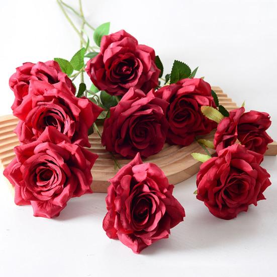 Artificial Rose Flower Realistic Fake Long Stem Rose Bouquet with 3 Heads Blooms for Wedding Centerpiece Home Party Decor