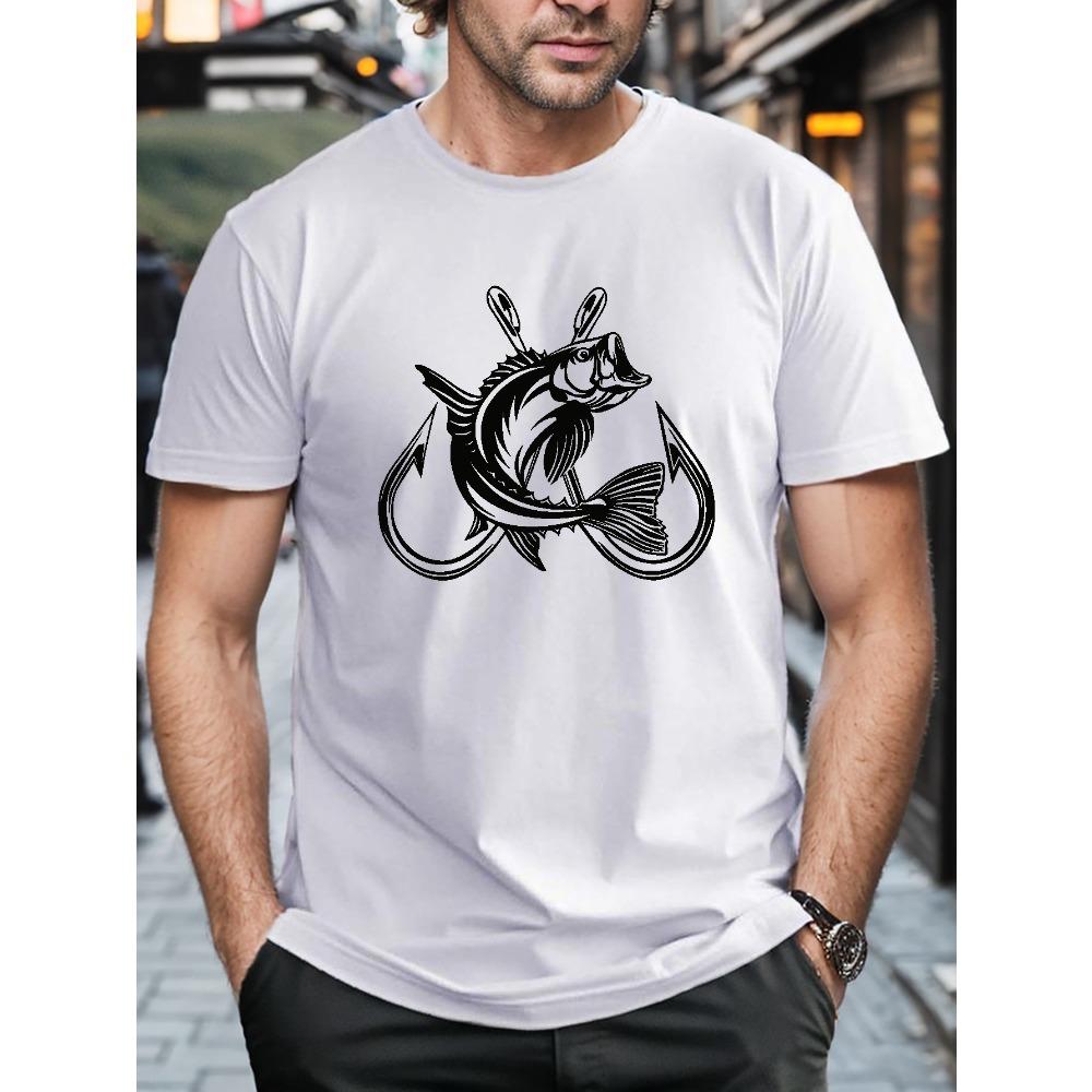 European sizes Men's Fish And Fishhook Print Creative Top, Casual Short Sleeve Crew Neck T-shirt, Men's Clothing For Summer Outdoor