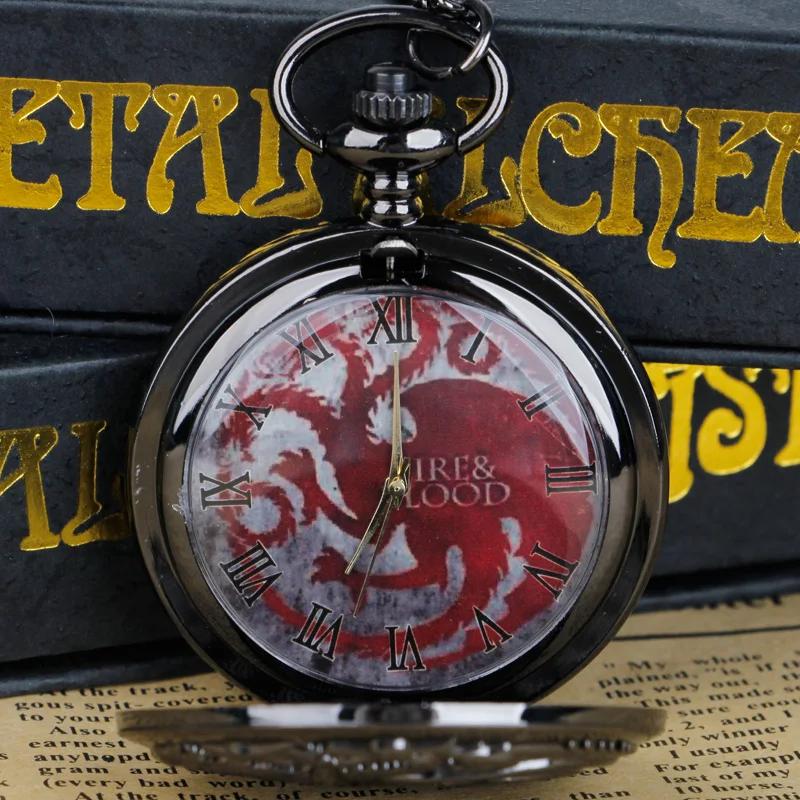 10pcs/lot Wholesale Black Vintage Quartz Pocket Watch Dragon Engraved Flip Roman Dial Students Gift Men Women Necklace Clock