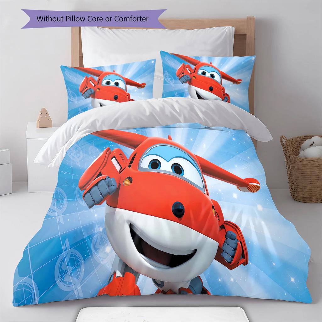 Super Wings Vzor Povlečení Sada Prošívaných Dek Quilt Cover Povlak na Polštář Domácí Dekorace Dárek (1 * povlak na peřinu + 2 * povlak na polštář, bez jádra)