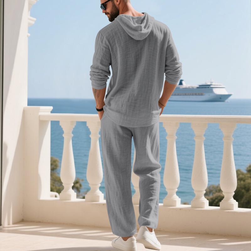 Cross-border Autumn Linen Men's Casual Suit Loose Hooded Henley Shirt Long Sleeve Pants Suit