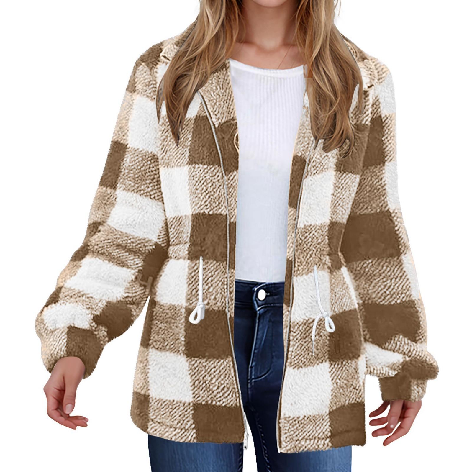 

Женская и зимняя свободная повседневная плюшевая куртка с длинными рукавами и капюшоном на молнии L хаки