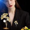 Simple And High-End Exquisite High-End Ginkgo Biloba Brooch Atmospheric Luxury Copper Gold-Plated Yellow And White Zircon Plant Corsage