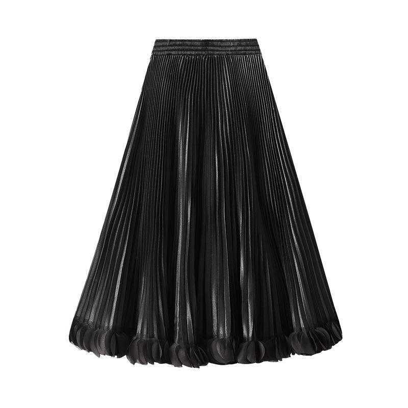 Elegant Pleated Midi Skirt with Elastic Waist for Spring and Autumn - Women 0663
