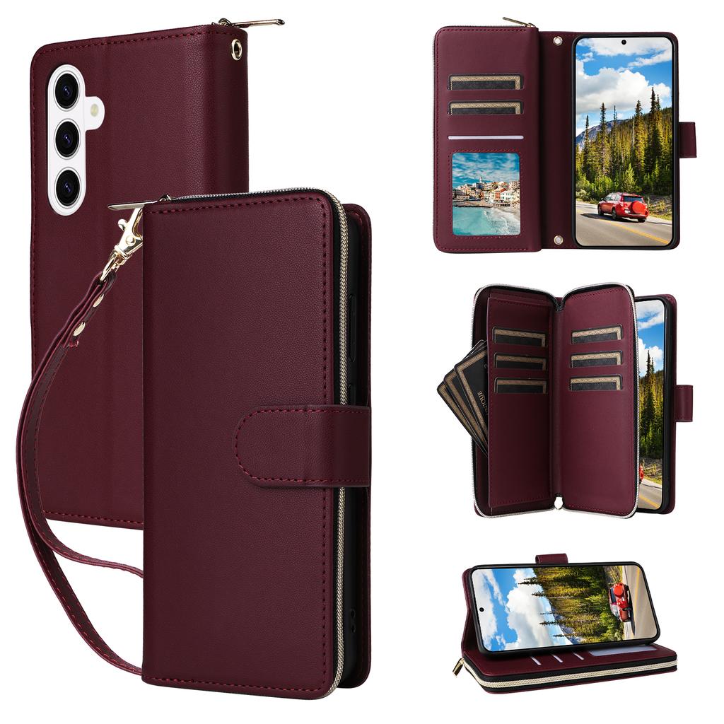 For Samsung Galaxy S26+ Case 9 Card Slots Zipper Pocket PU Leather Phone Cover with Wrist Strap
