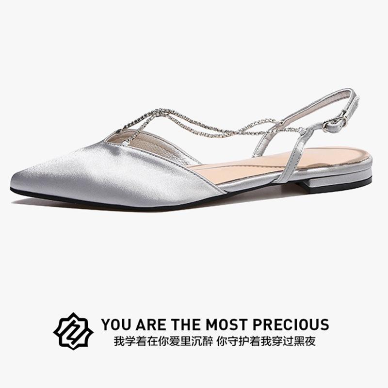 

Baotou flat-soled sandals women s low-heeled rhinestone cross chain pointed half-pack of sandals 40 світло-синій колір