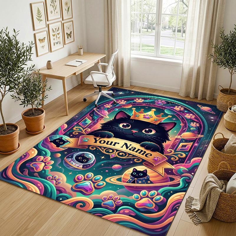 Cat Theme Crystal Velvet Rug Personalized Custom Name Text Soft Floor Mat Home Decor
