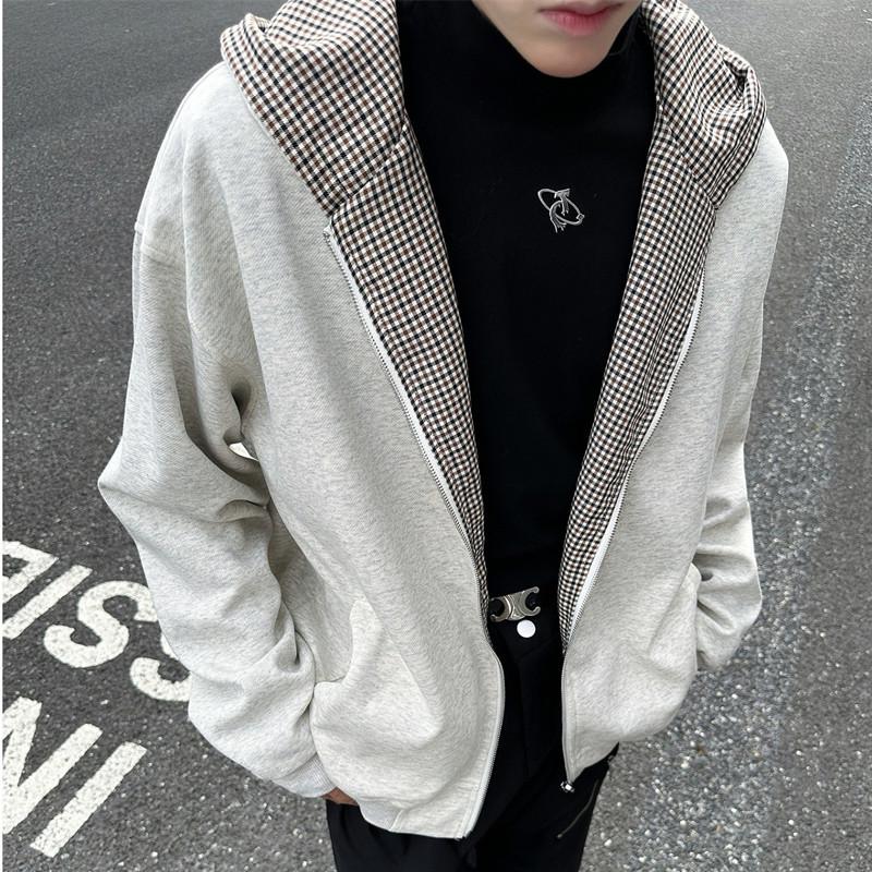 

Унисекс Ретро Двусторонняя Толстовка на Молнии в Гусиную Лапку - Осенний Свободный Тренд XL серый