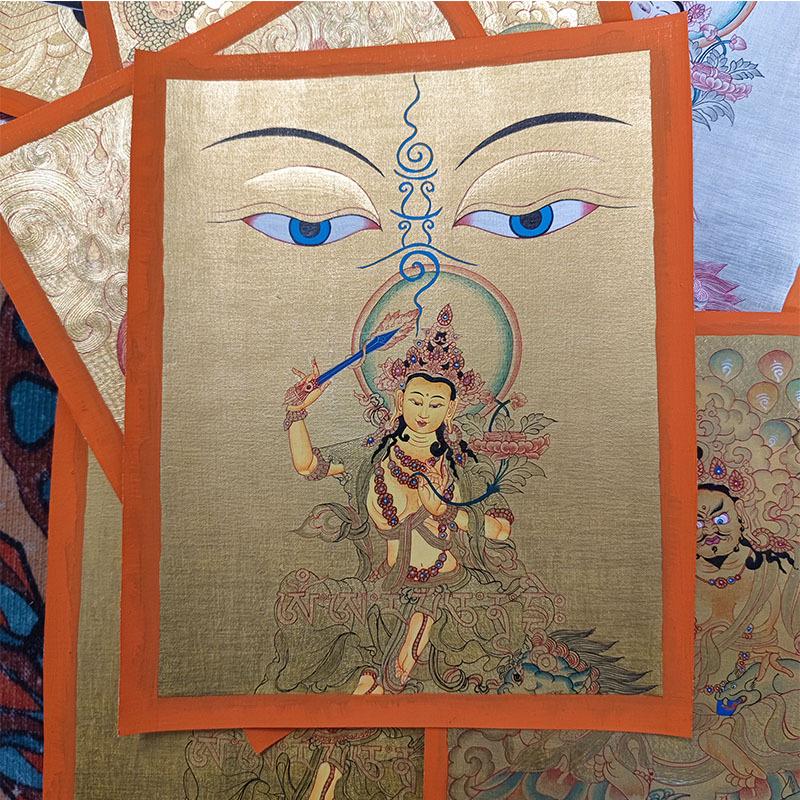 Hand-Painted Nepalese Buddha Thangka: Manjushri, Yellow Jambhala, Thousand-Armed Avalokiteshvara, Mahakala, Zhakilaamu Wall Hanging