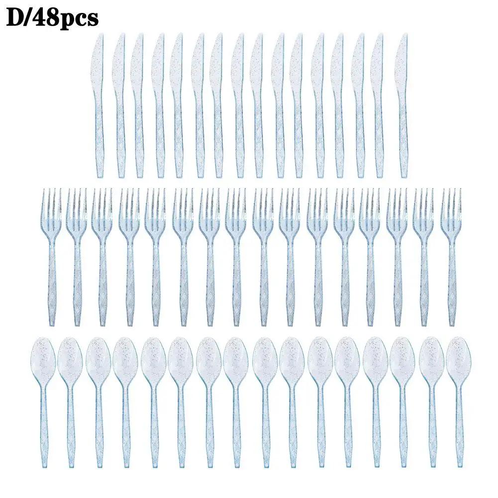 48pcs/Set Plastic Cutlery Spoons Forks Knife Flatware Reusable Tableware Disposable Plastic Tableware Knife, Fork And Spoon