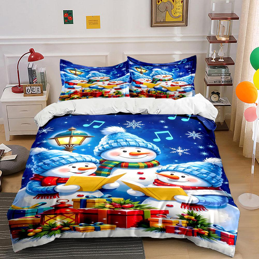 Snowman Family Christmas Scene Bedding Duvet Cover Set Duvet Cover Pillowcases (1*Duvet Cover 2*Pillowcases, Without Duvet Insert)
