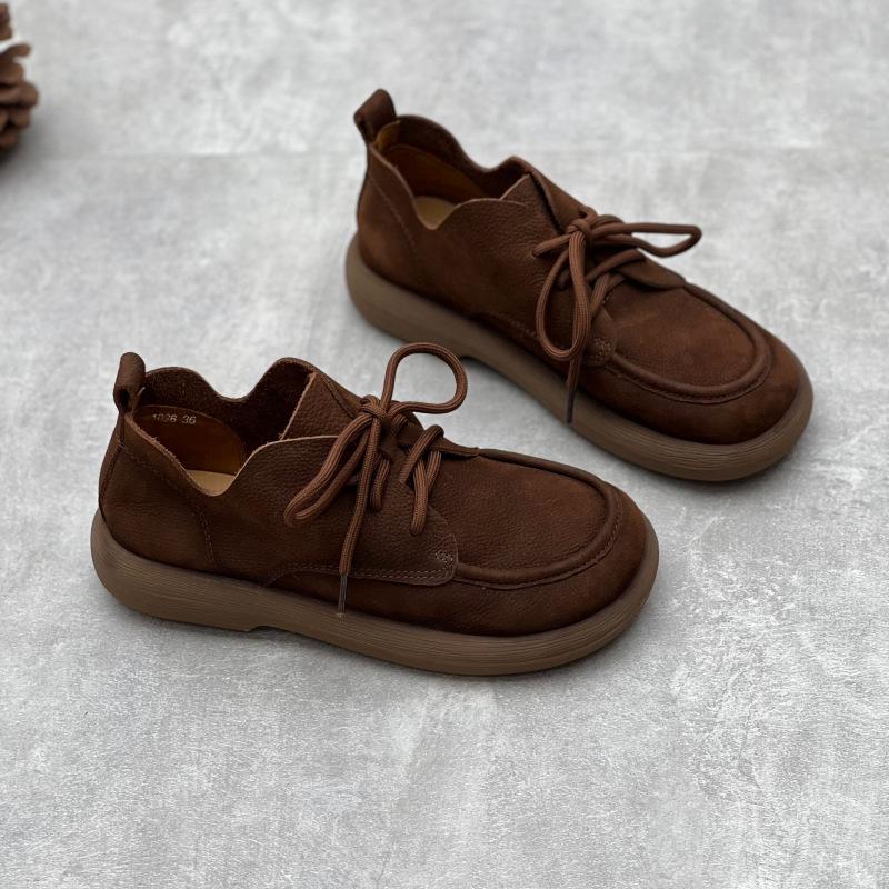 Handgefertigte Damen Retro High-Top Ballerinas aus echtem Leder mit runder Spitze und Schnürung
