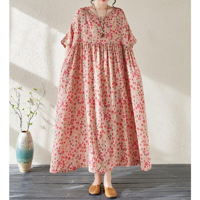 Dimanaf Women Dress Summer Plus Size Beach Sundress Linen Bohemian Print Flowers Fashion Lady Vestidos Loose Casual Long Dress Oversize 9079