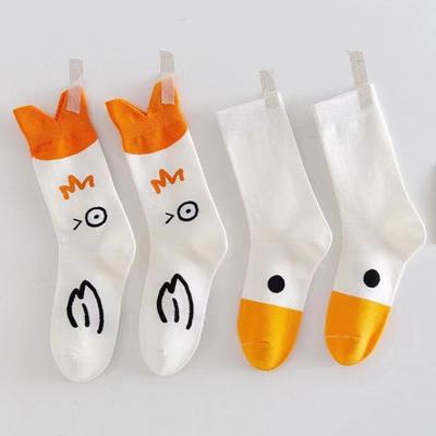 Yousheng 1 Pair Couple Winter Cartoon Socks Goose Duck Printing Mid-tube High Elasticity Wrapping Anti-slip Socks Comfort Warmth Sleeping Socks