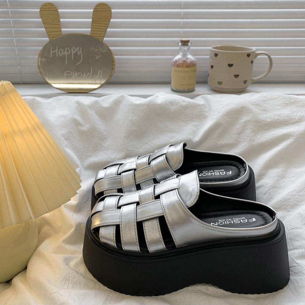 Thick Bottom Heightening Bag Head Half Slippers Women's Summer Wear New Summer Fashion Hollow Muffin Beach Cool Slippers