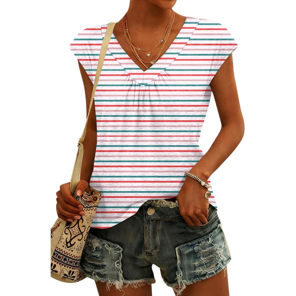 Damen Mode V-Ausschnitt Gestreifter Print Kurzarm Top