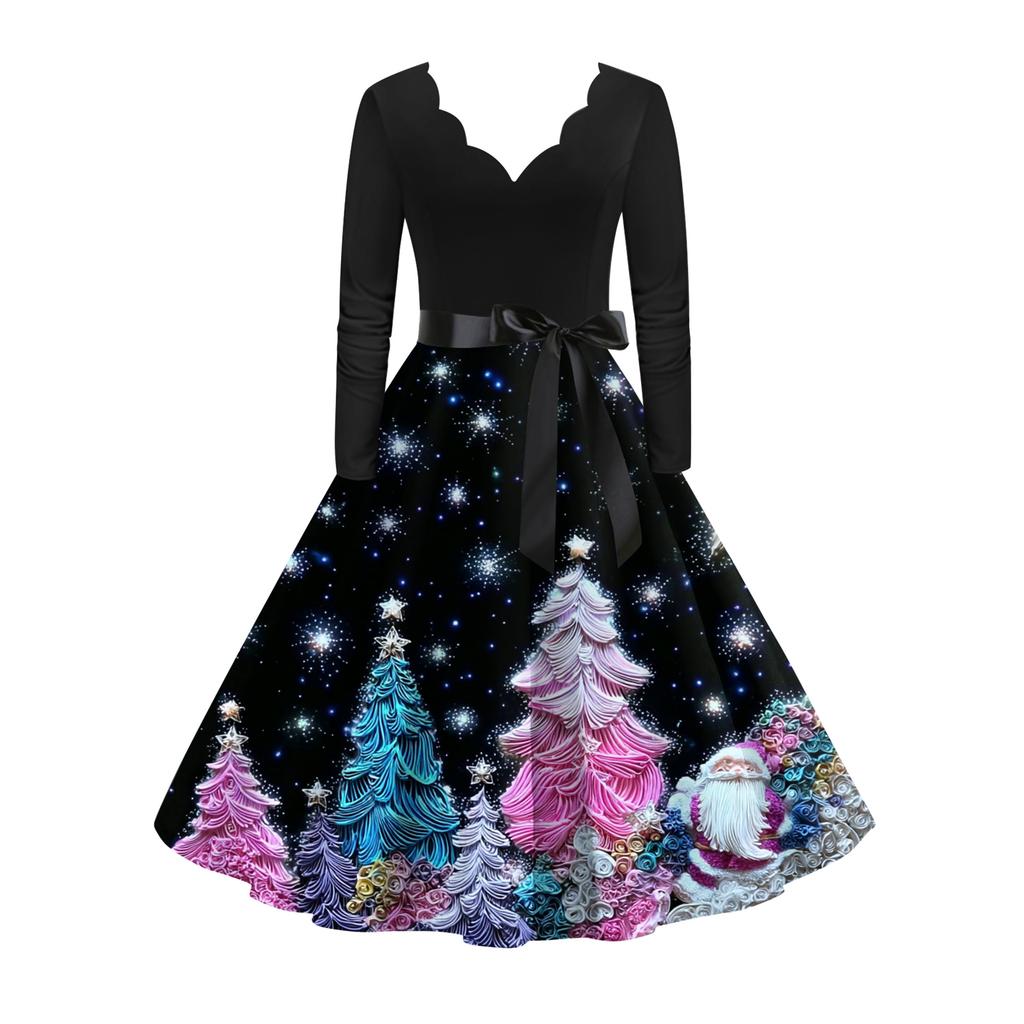 Women's Fashion Elegant Autmn and Winter Long Sleeve V-Neck Christmas Print Dress