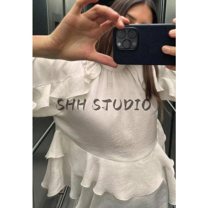 Spring New Women's Clothing American Retro Casual Stand Collar Long Sleeves Laminated Decoration Shirt Tops 2234900