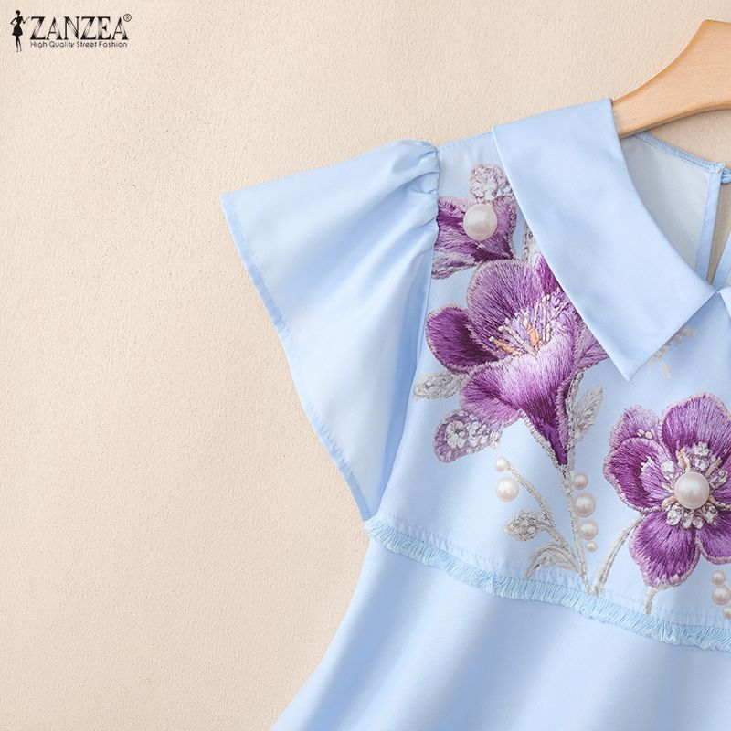 ZANZEA Women Casual Round Neck Loose Short Sleeve Floral Print Blouse