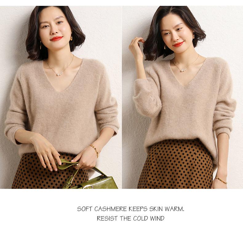 Women's 2025 Autumn/Winter V-Neck Cashmere Sweater: Solid Color, Loose Fit, Short, Long Sleeve Knit Base Layer