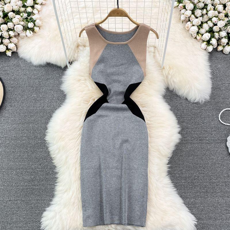 K-style Chic Contrast Color round Neck Vest Dress Summer New Arrival Fashion Slim Fit Slimming Sleeveless Knitting Sheath Dress