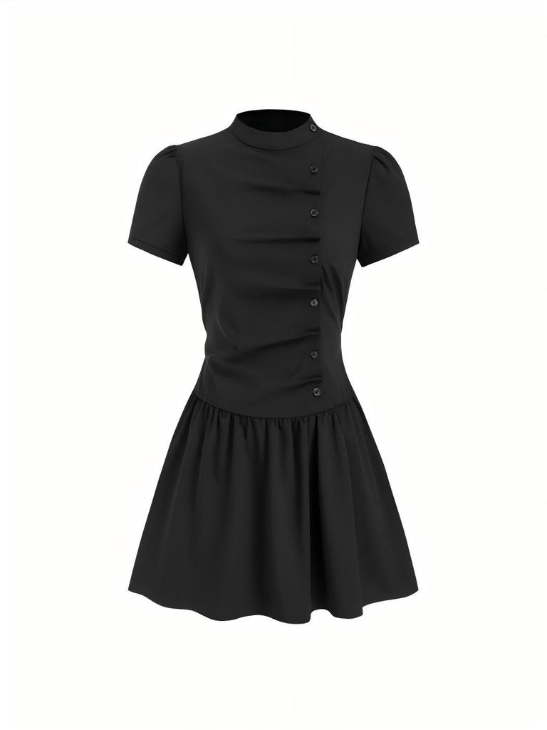 Europese en Amerikaanse Dames Plaid Hoge Hals Pofmouw Mini Jurk