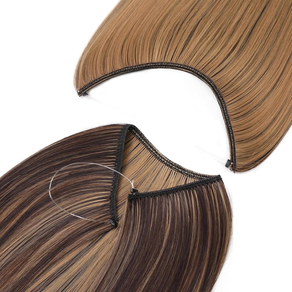 Invisible Wire Hair Extensions 22 Inch Halo Hair Extension Long Wavy Synthetic Hairpiece with Transparent Wire Adjustable Size Clips for Women